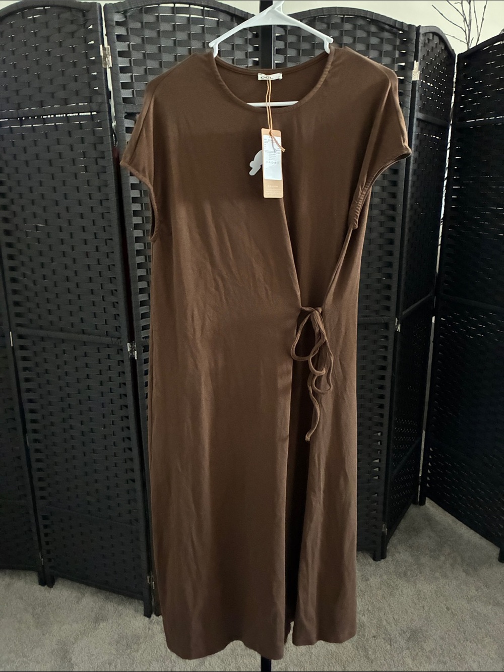 OGL Brown Short-Sleeve Tie-Waist Midi Dress - Picture 3 of 3